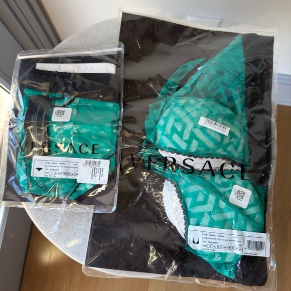 VERSACE Greca Signature Tulle Bralette and Briefs Set in Turquoise - Picture 5 of 7